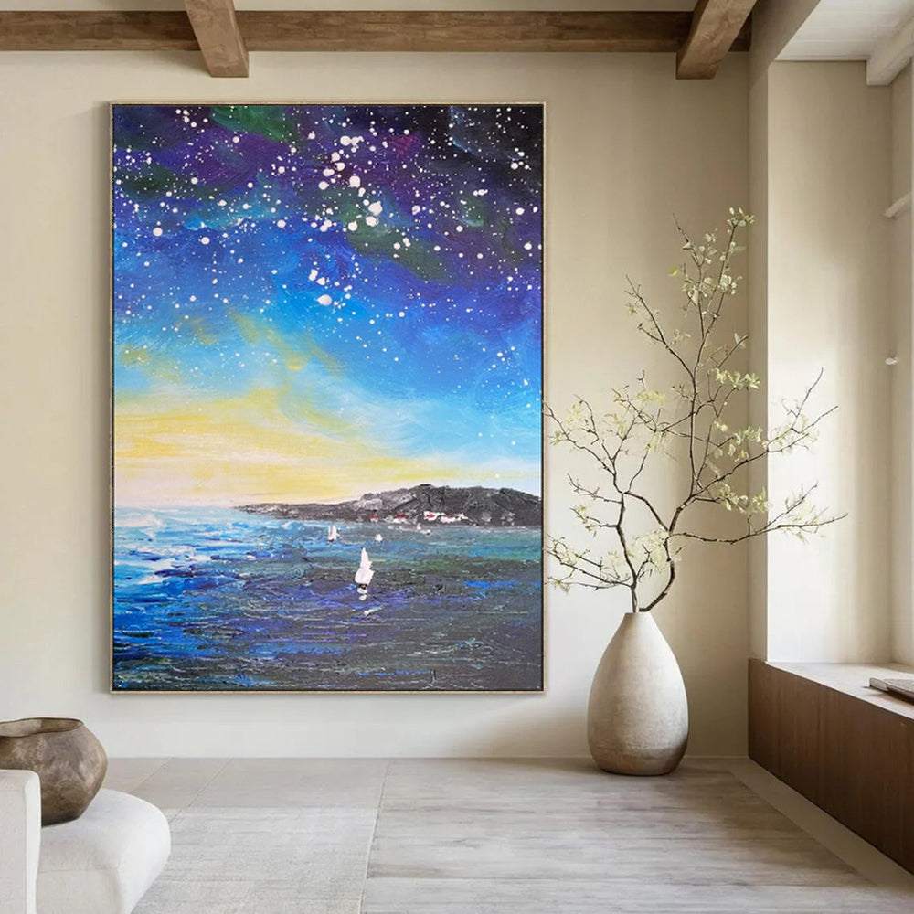 “Starry Night Coastal Sailboats” - Impressionist Night Sky Painting On Canvas PT1902
