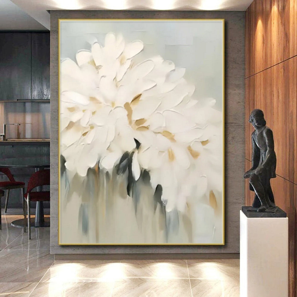 “White - Gray - Gold Floral Abstraction” - White, Gray, Gold Abstract Painting On Canvas PS0543