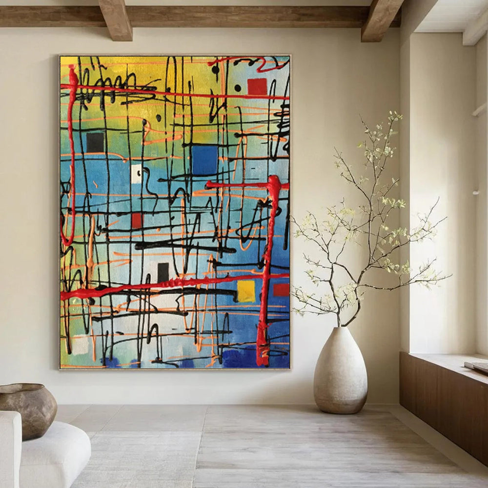 “Color - Blocked Abstract Grid” - Geometric, Bold - Hued Painting On Canvas PT1582