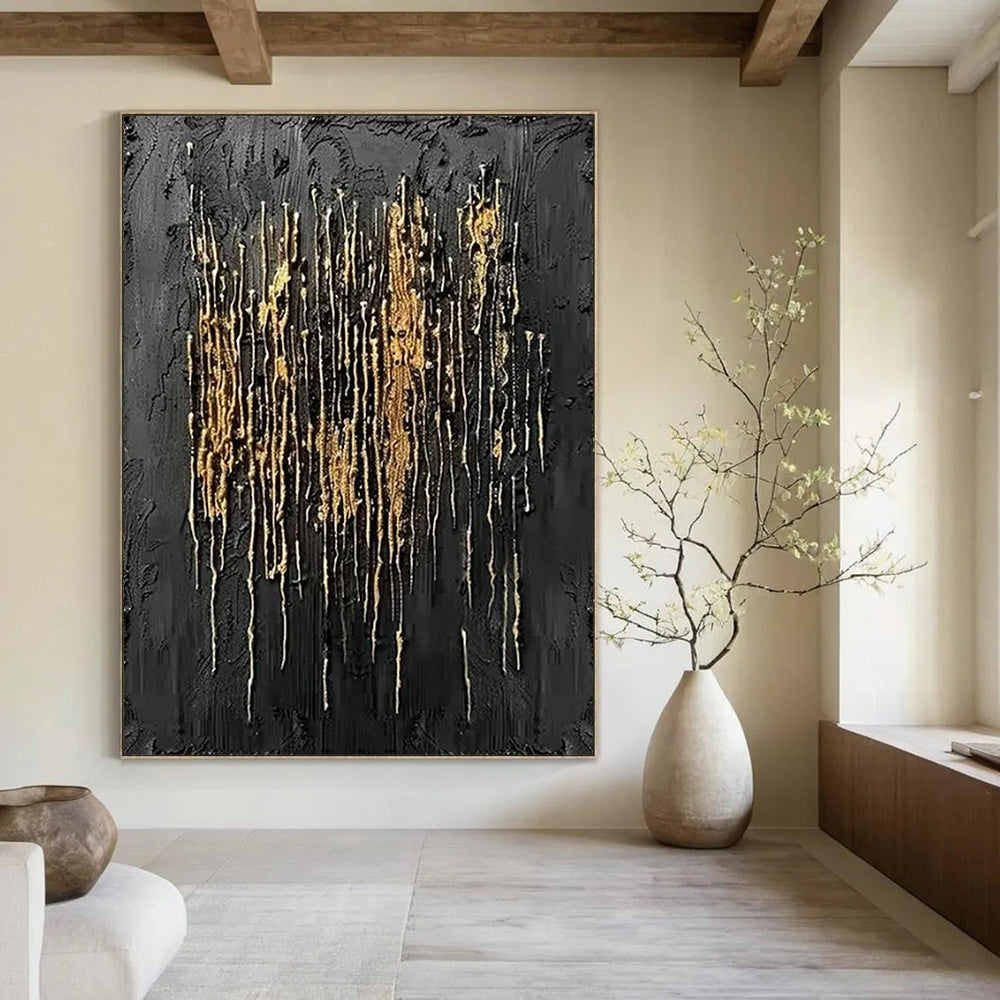 “Black and Gold Drip Elegance” - Abstract Textured Painting On Canvas PT2358