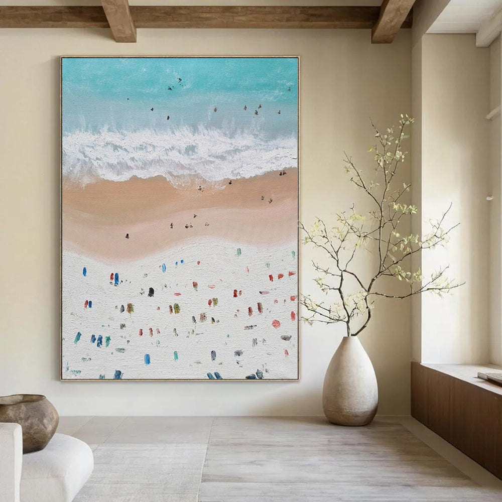 Blue, White, Beige and Colorful Dots "Beach Carnival" Impressionistic Abstract Painting On Canvas PS1131