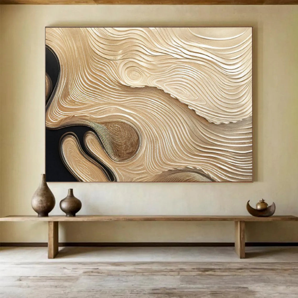 “Golden Wavy Textures on Black” - 3D - Like Abstract Painting On Canvas PT101