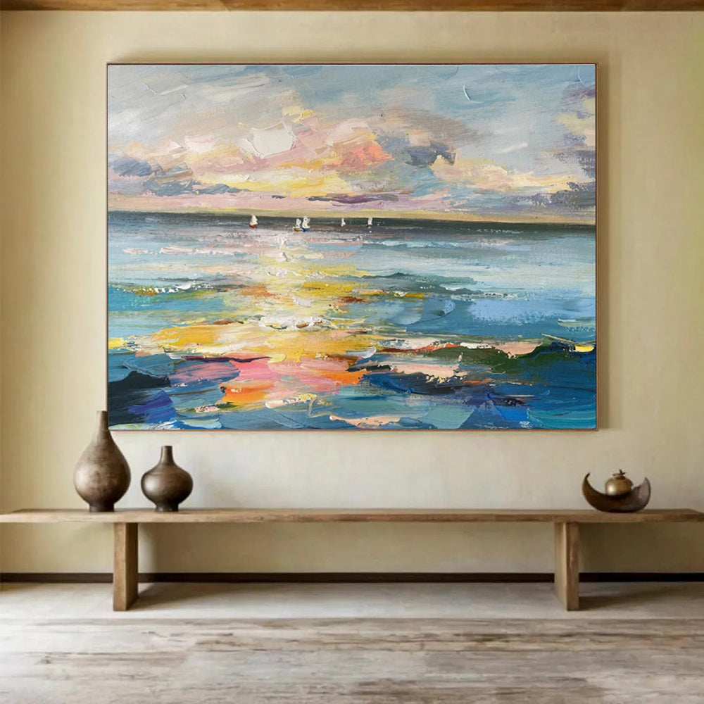 Sunset Sails Over Color - Drenched Sea Impressionist Maritime Painting On Canvas DKS115