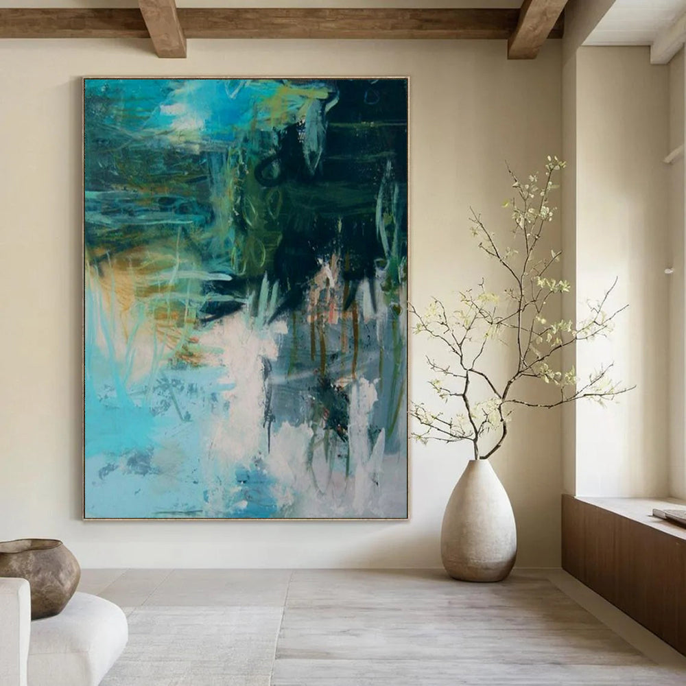 “Teal and Green Abstract” - Expressionist Abstract Painting On Canvas PT2286