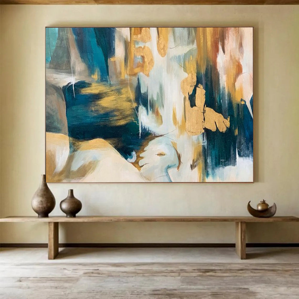 “Teal - Gold Abstract Shapes” - Dynamic Teal “Gilded Currents” Painting On Canvas PT1636