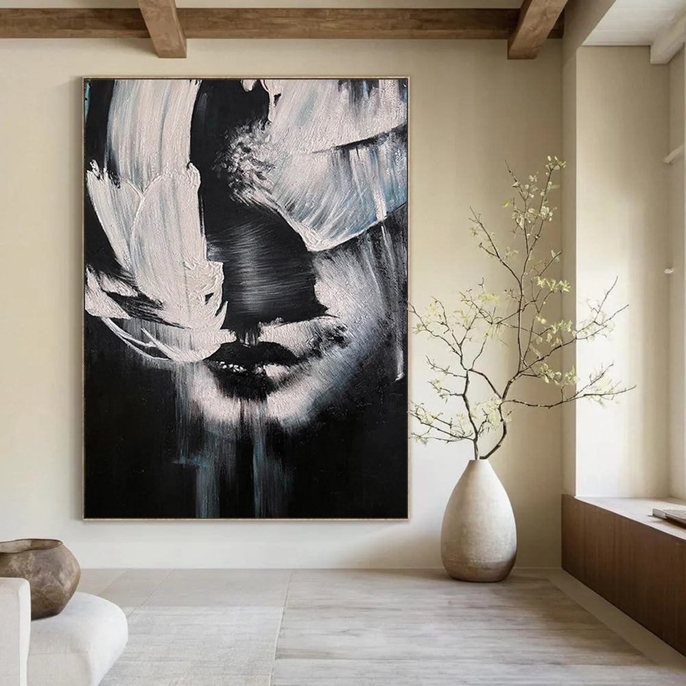 “Monochrome Abstract Face” - Black and White Figurative Painting On Canvas DS331