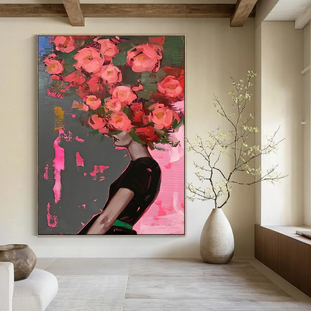 “Pink Flowers on Head Abstract Portrait” - Pop - Art Inspired Painting On Canvas PT1952