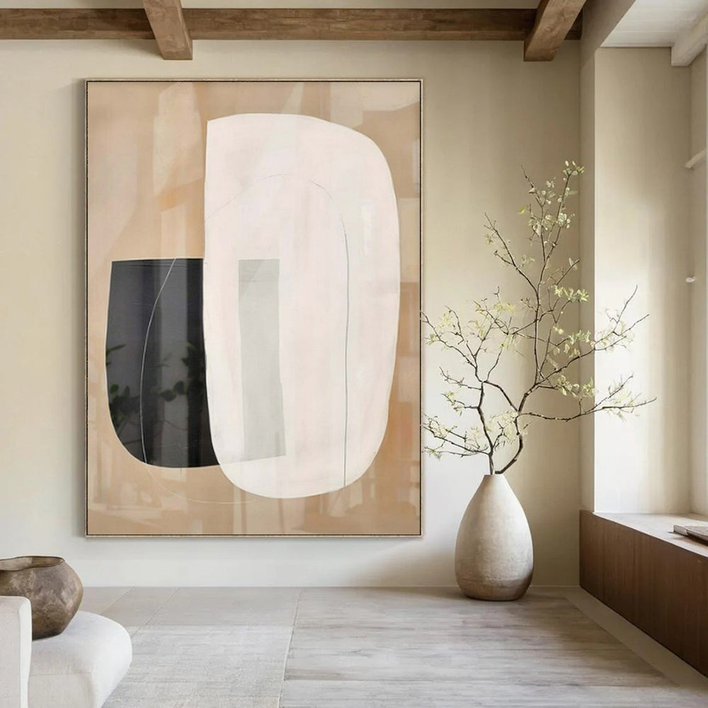 Beige, White, and Black Overlapping "Transparent Tranquility" Abstract Geometric Painting On Canvas PS1051