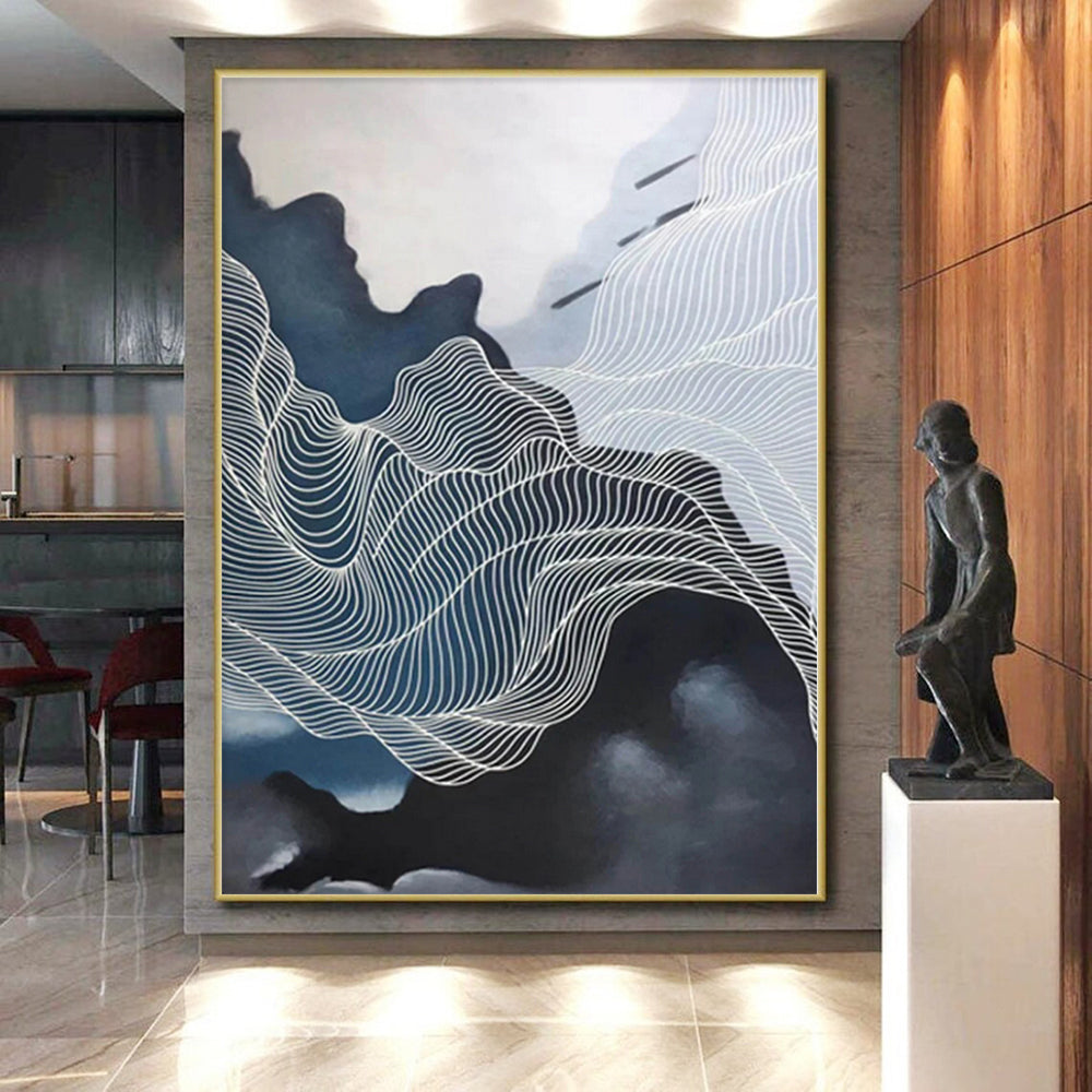 “Blue - White Abstract Rippling Lines” - Graceful Abstract Painting On Canvas PS0358
