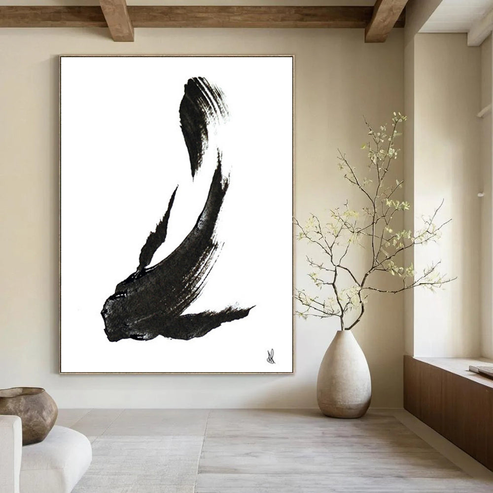 “Ink Fish Silhouette” - Bold Black Brushstrokes on White Canvas Painting On Canvas DS181