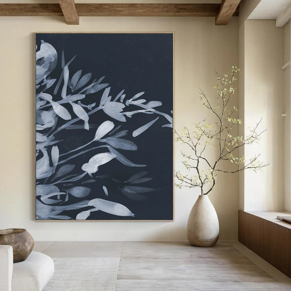 “Dark Blue Floral Silhouettes” - Delicate Plant Forms Painting On Canvas DS239