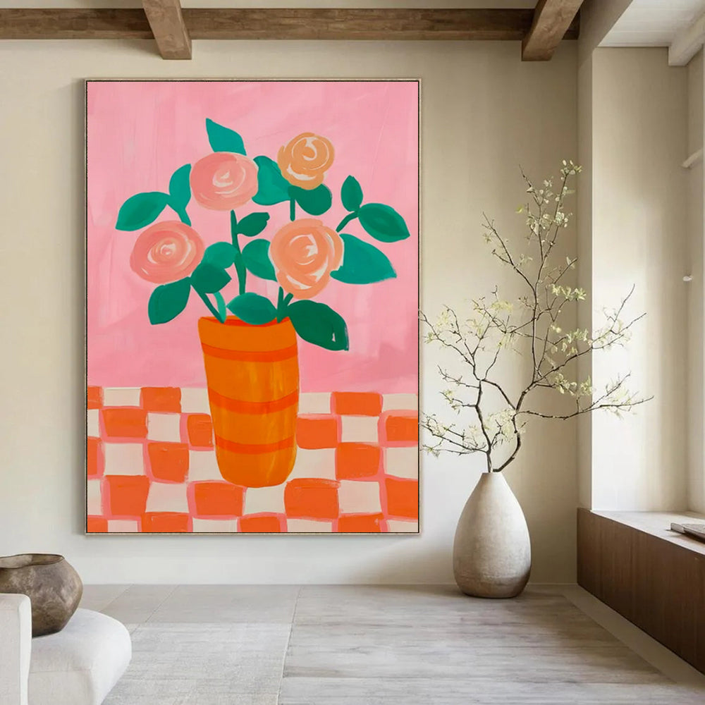 “Pink and Orange Floral Still - Life” - Pop Art - Inspired Painting On Canvas PT2258