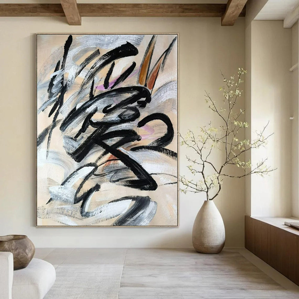 Black, Gray, White with Dynamic Brushstrokes "Dynamic Strokes" Abstract Painting On Canvas PS1325