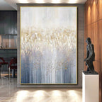 “Gold - White - Blue Abstract Forest” - Gold, White, Blue Abstract Landscape Painting On Canvas PS0592