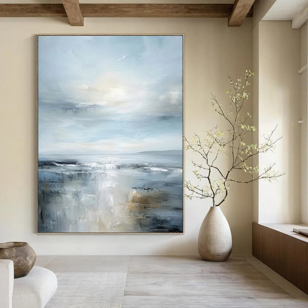 Soft Blue - Gray Calm Seascape Impressionistic Landscape Painting On Canvas DS059