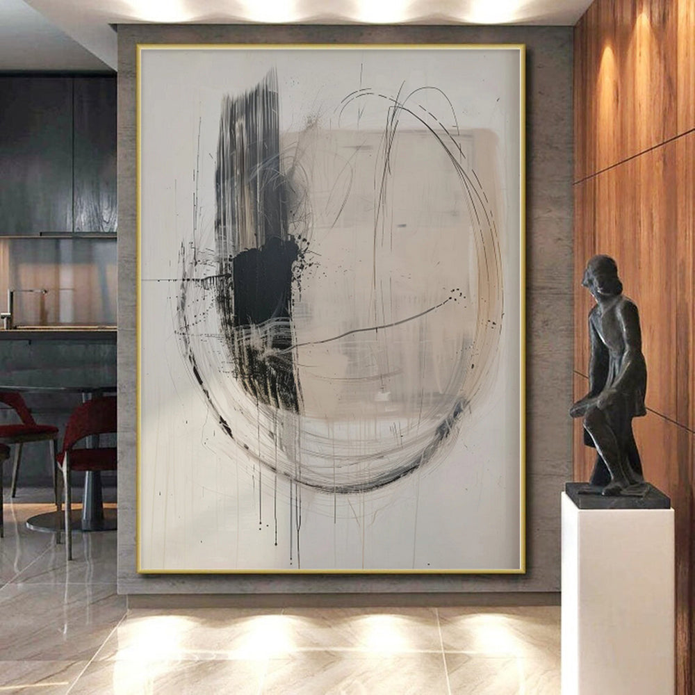 “Dynamic Black - White Abstract with Circular Lines” - Expressive Abstract Painting On Canvas PS0273