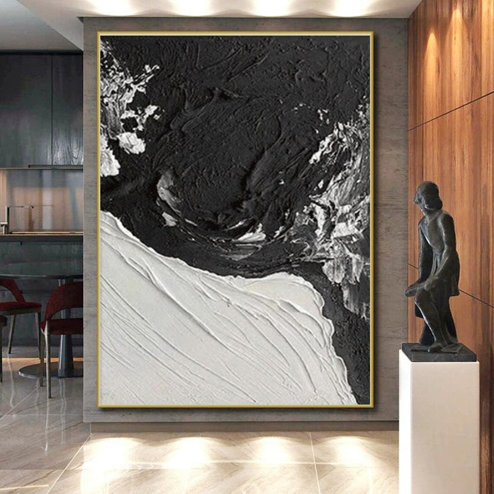 “Black - White Textured Waves” - Black, White Abstract Impasto Painting On Canvas PS0735
