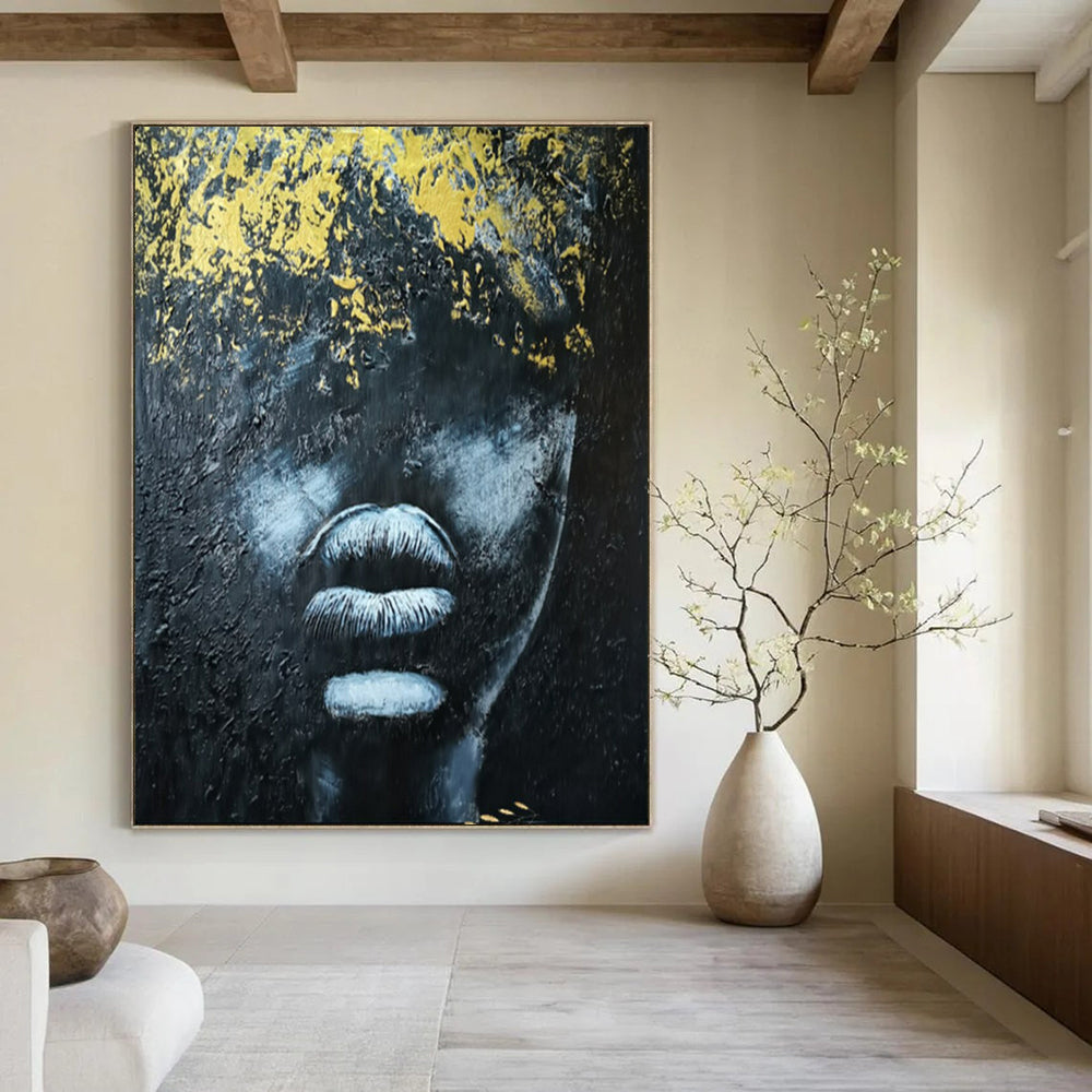 Gilded Mystery Black, White & Gold Abstract Face, Painting On Canvas PT2153