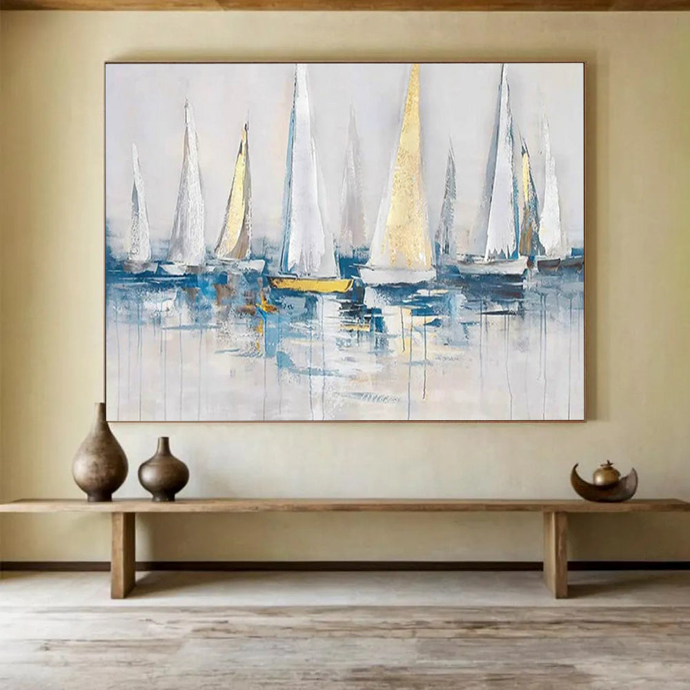 “White - Gold Sailboats” - Impressionistic Nautical Painting On Canvas PT257