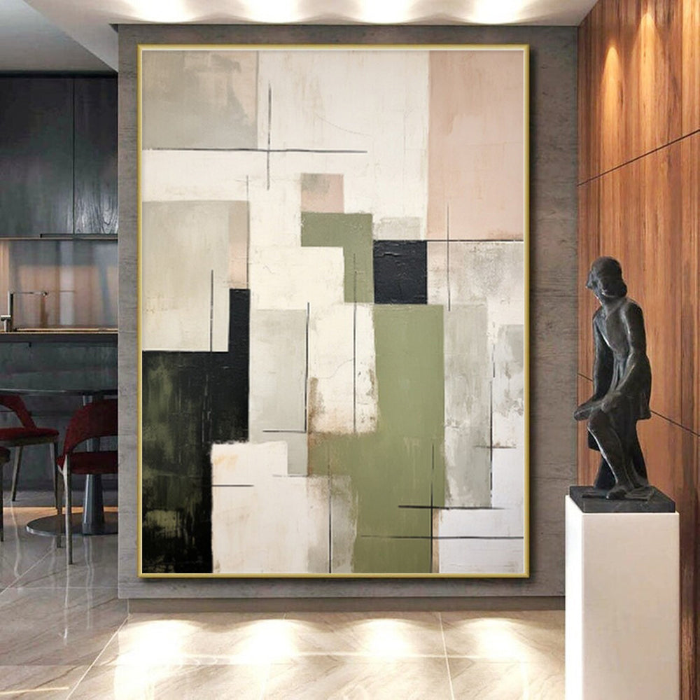 “Mixed Geometric Tones” - Green, Black, Beige Abstract Geometric Painting On Canvas PS0396