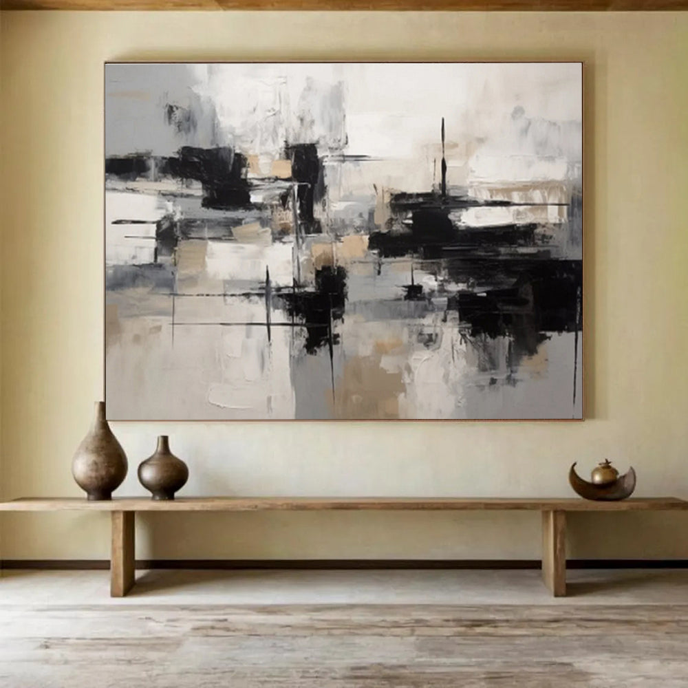 Monochrome Abstract Blocks - Modern Abstract Painting On Canvas DKS335