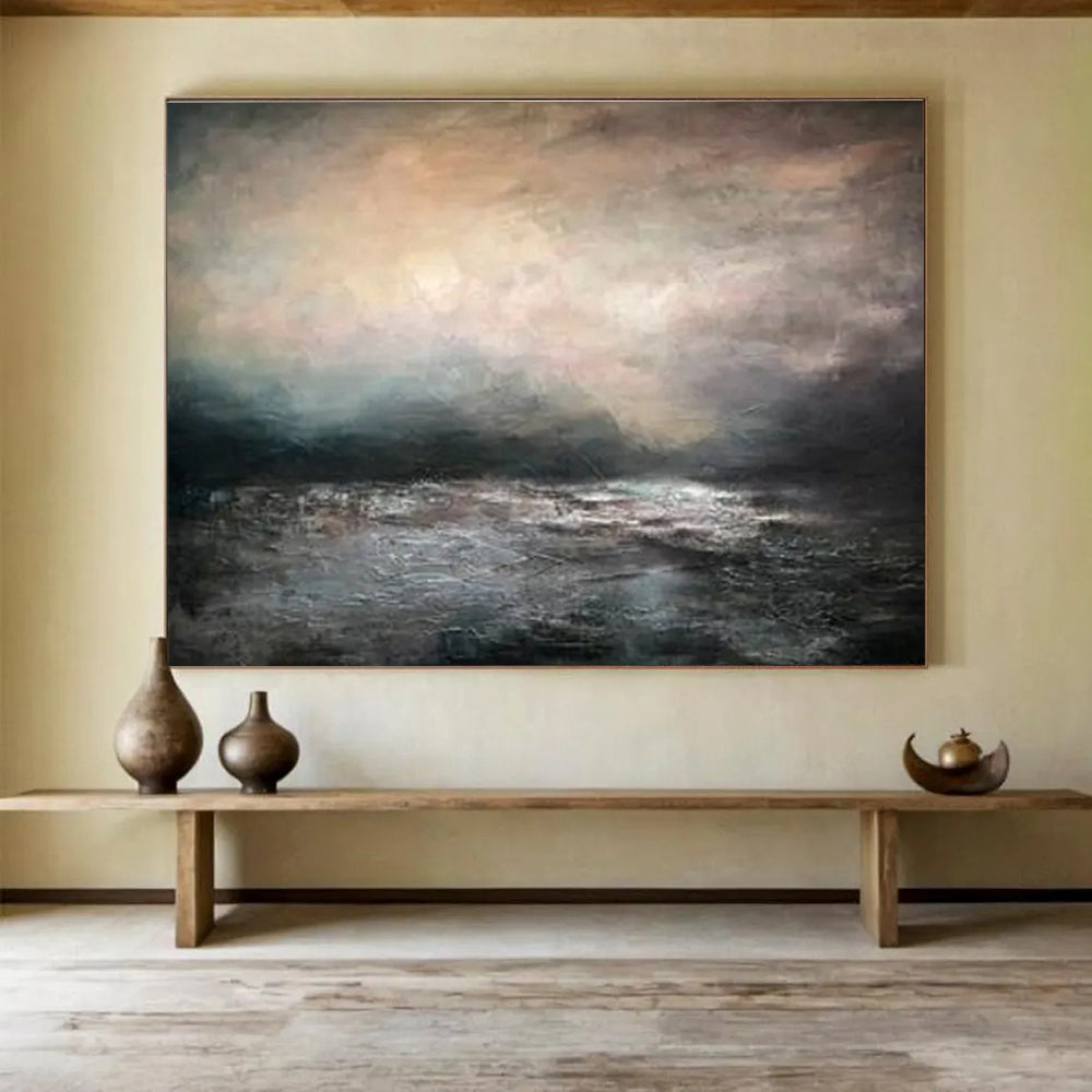 “Moody Gray Seascape” - Gray, Black & White Seascape, Impressionistic Oil Painting On Canvas DKS769