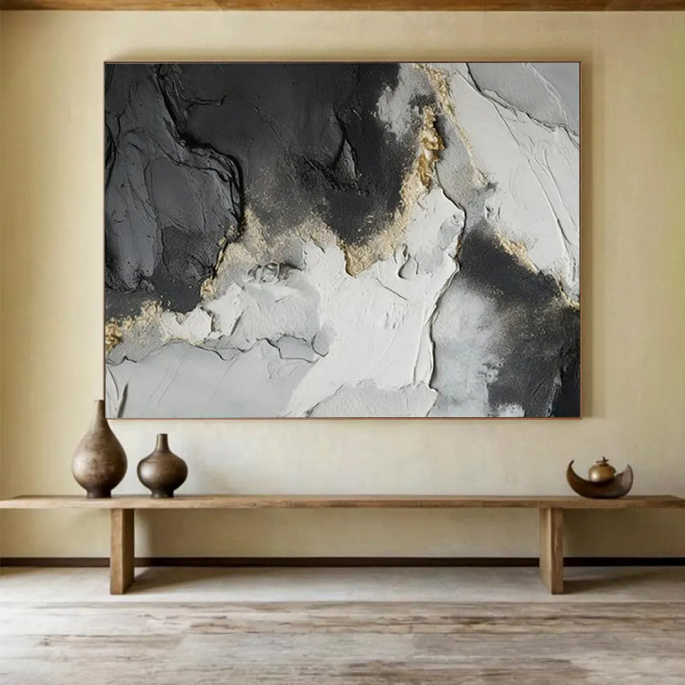 “Black - Gray - Gold Textured Abstract” - Luxe Abstract Painting On Canvas PT1580