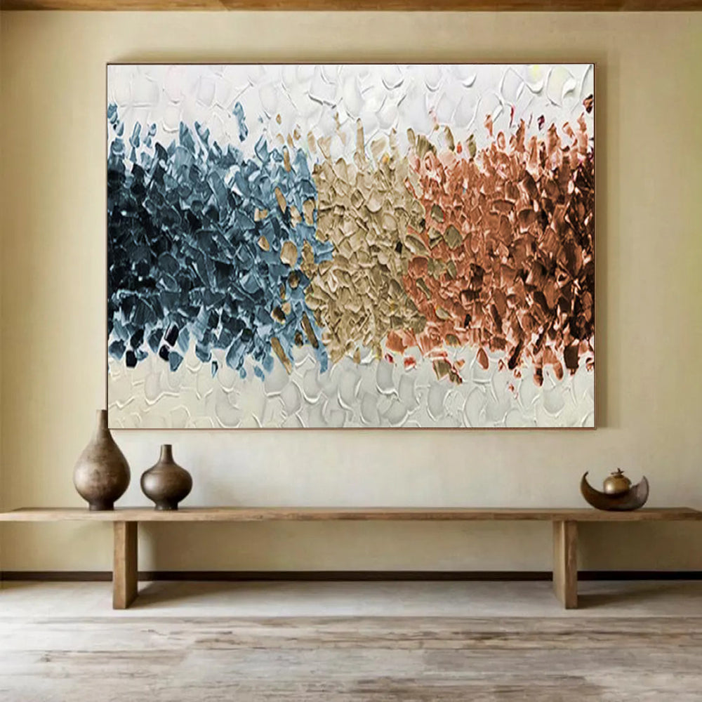 “Blue - Gray - Brown Textured Stripes” - Abstract Color Block, Palette Knife Oil Painting On Canvas DKS691