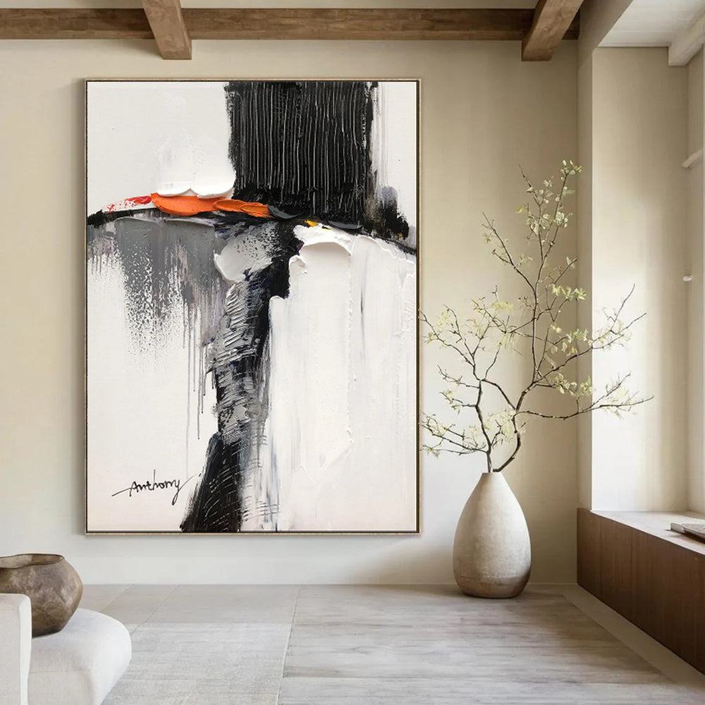Black - White - Orange Abstract Mix, With a Nod to Clyfford Still's Style, Painting On Canvas PT2089