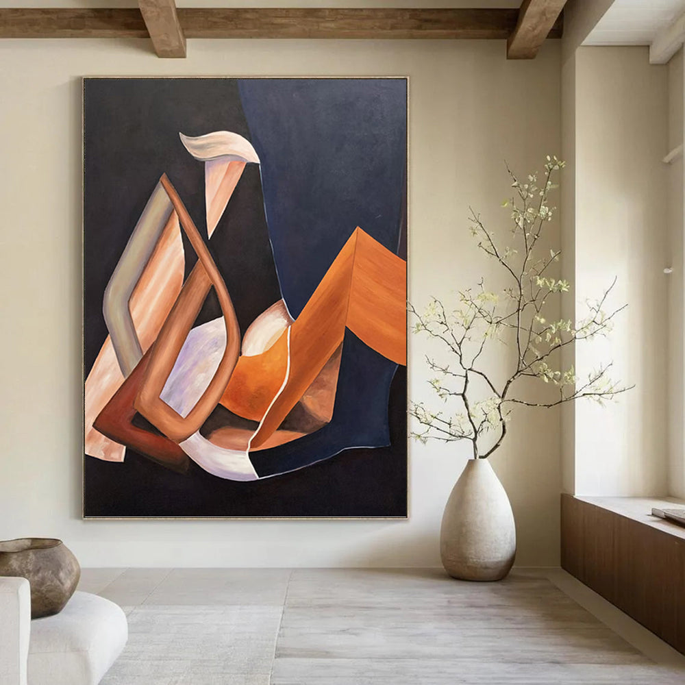 “Geometric Shapes: Brown, Orange, and Purple Abstract” - Cubist - Inspired Abstract Painting On Canvas PT0927