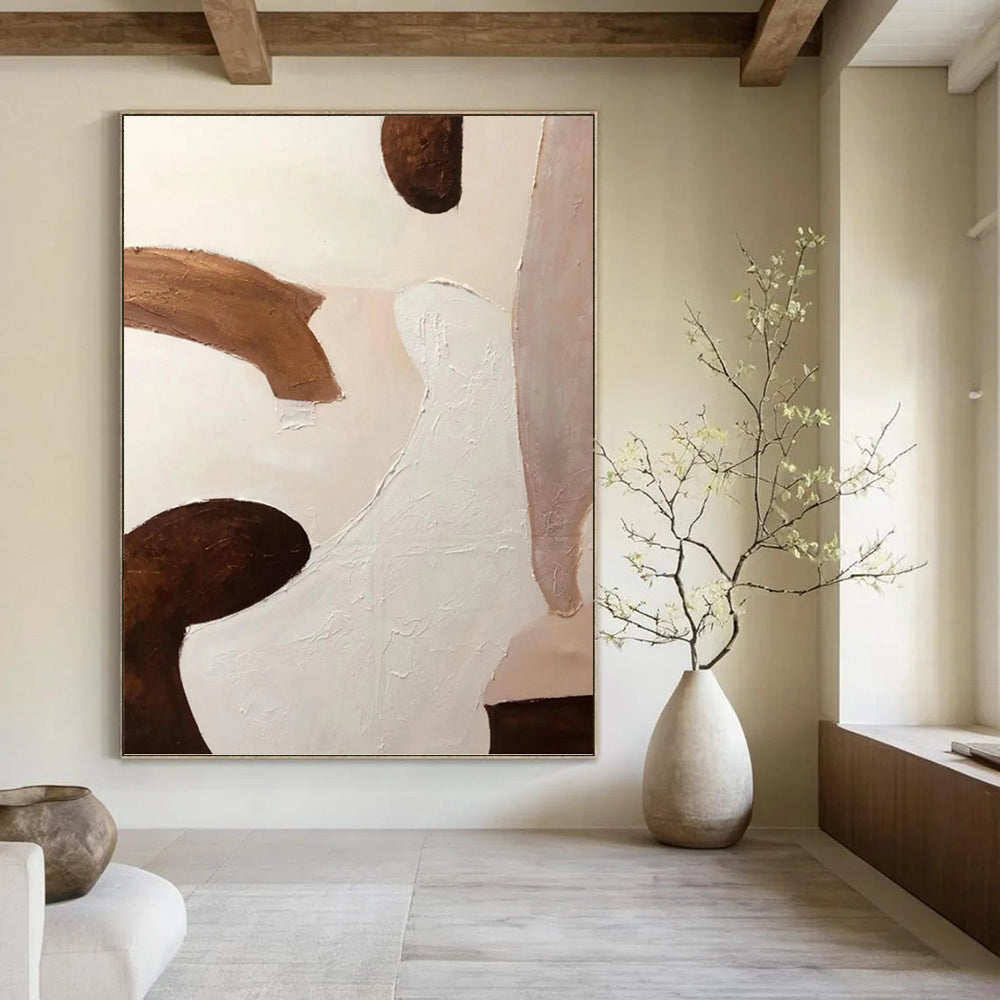“White - Brown Textured Shapes” - Impasto Abstract Painting On Canvas PT1180