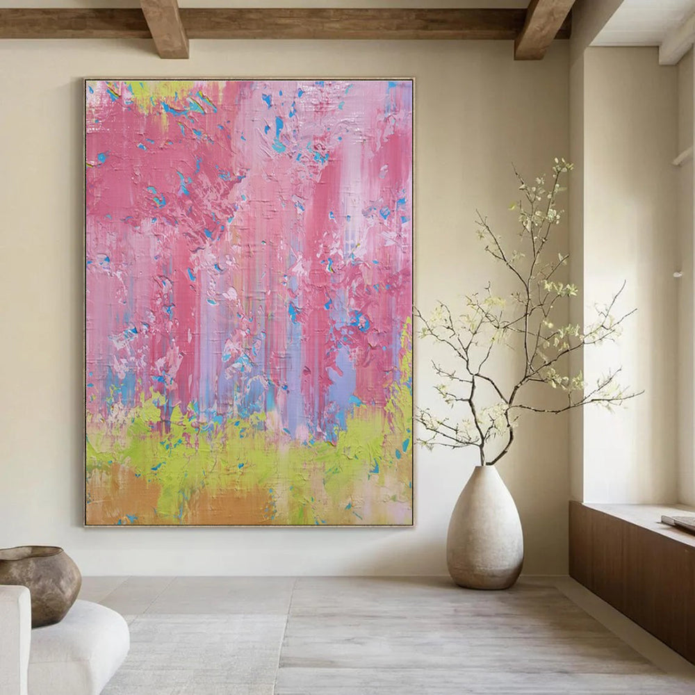 Pink, Blue, Green, Yellow with Thick Strokes "Blossom Rain" Abstract Painting On Canvas PS1402