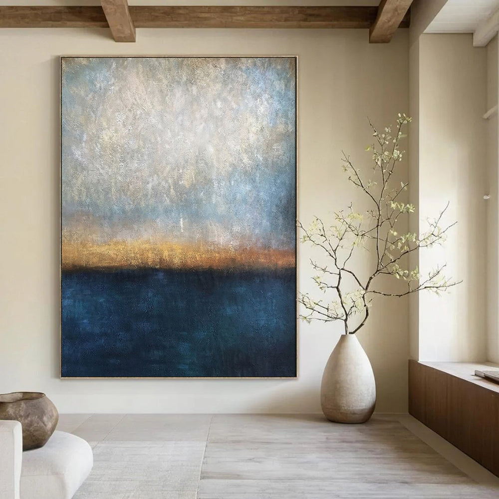 “Blue - Gold - Gray Sea Horizon” - Abstract Seascape Painting On Canvas PT1983