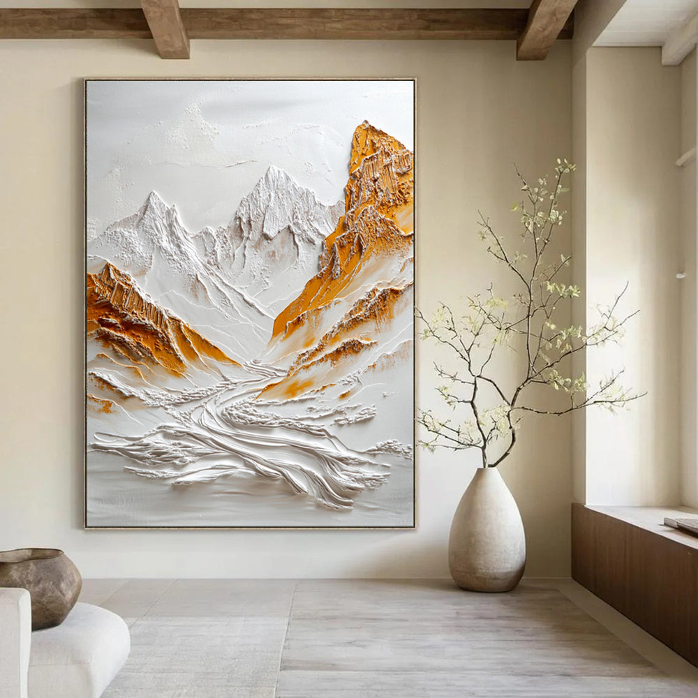 “White - Gold Textured Mountain Relief” - 3D Abstract Painting On Canvas PT2072