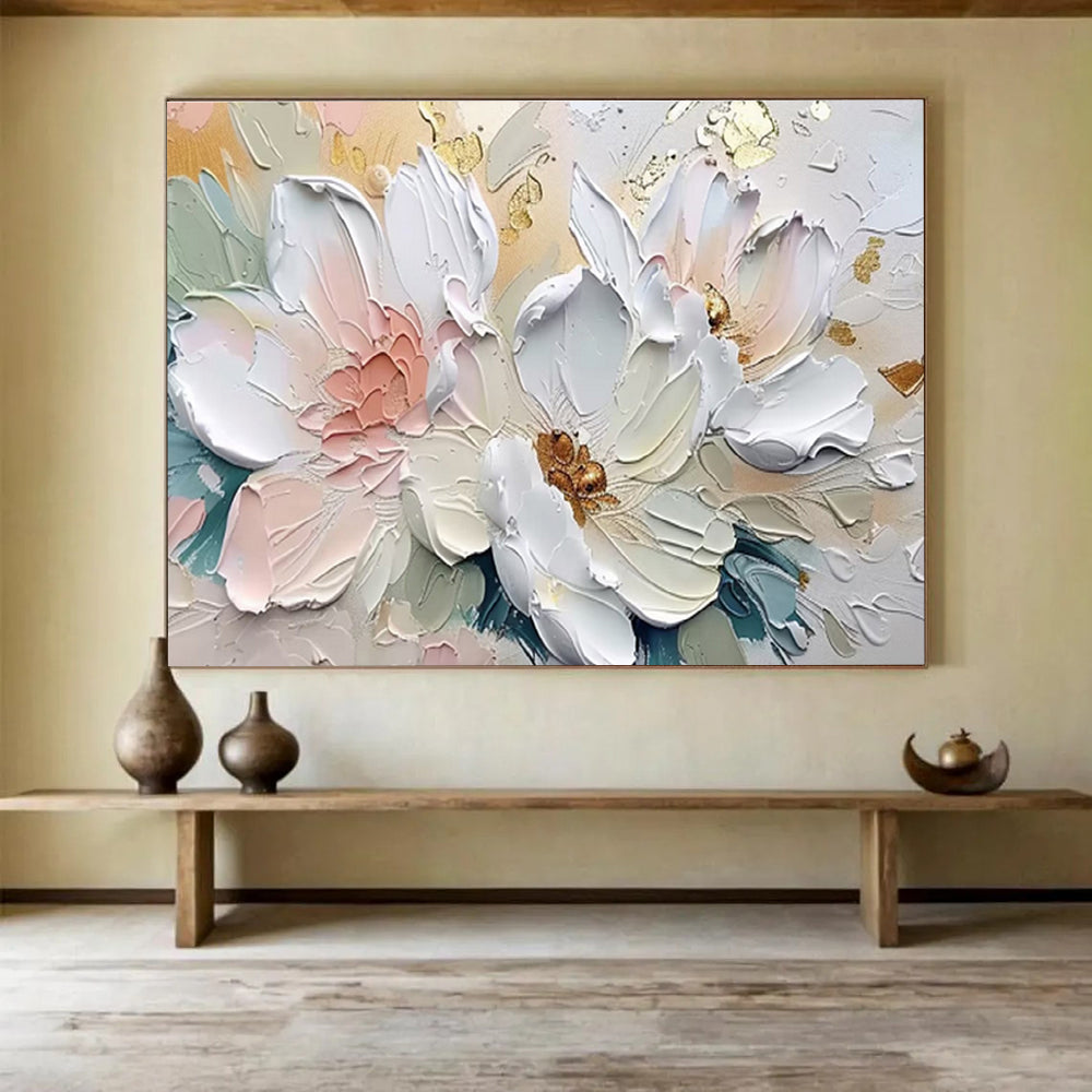 “Elegant White & Gold Florals” - Soft Pink, White & Gold 3D Flower, Textured Floral Painting On Canvas DKS712