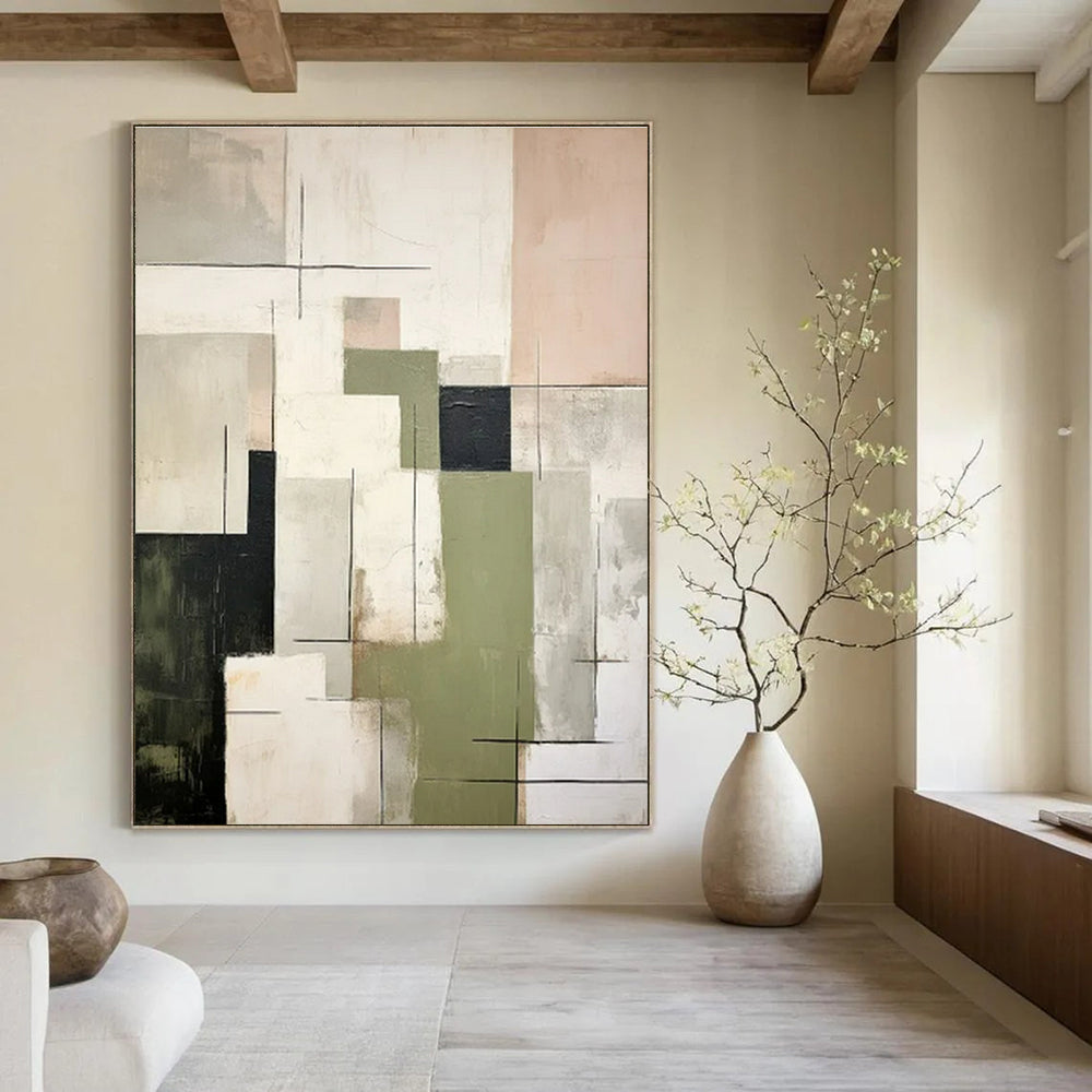 Green, Gray, Black, Beige with Dynamic Blocks "Layered Energy" Abstract Painting On Canvas PS1445
