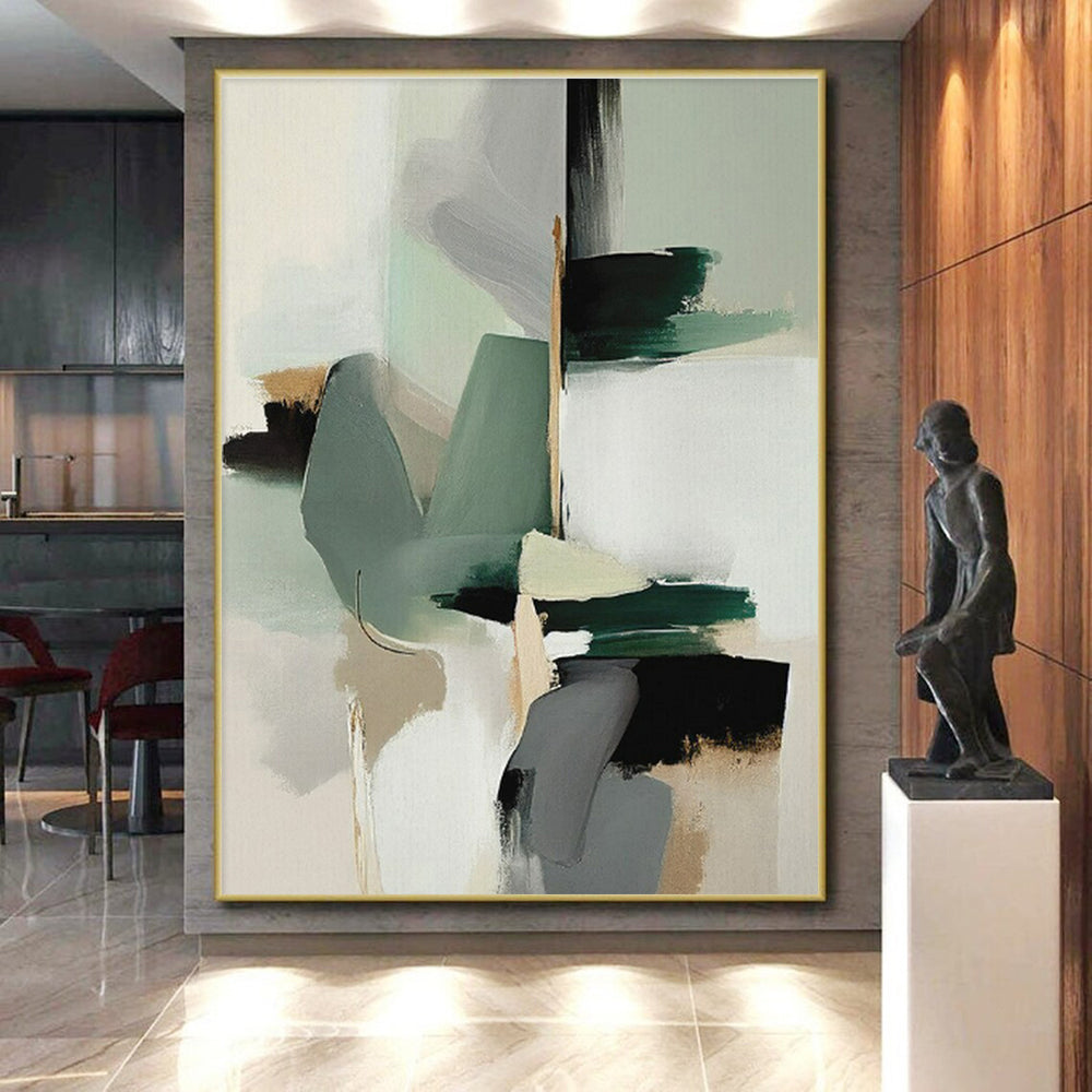 “Mint & Gray Abstract Composition” - Mint, Gray, White, Black Abstract Painting On Canvas PS0760