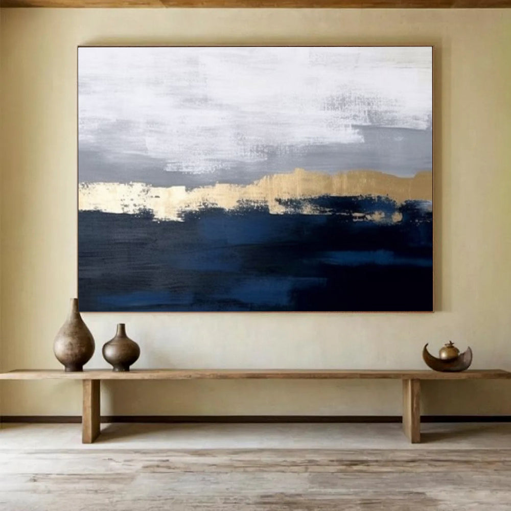 “Gray Gold Abstract” - Gray, Gold & Blue Abstract, Minimalist Oil Painting On Canvas DKS784