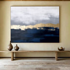 “Gray Gold Abstract” - Gray, Gold & Blue Abstract, Minimalist Oil Painting On Canvas DKS784