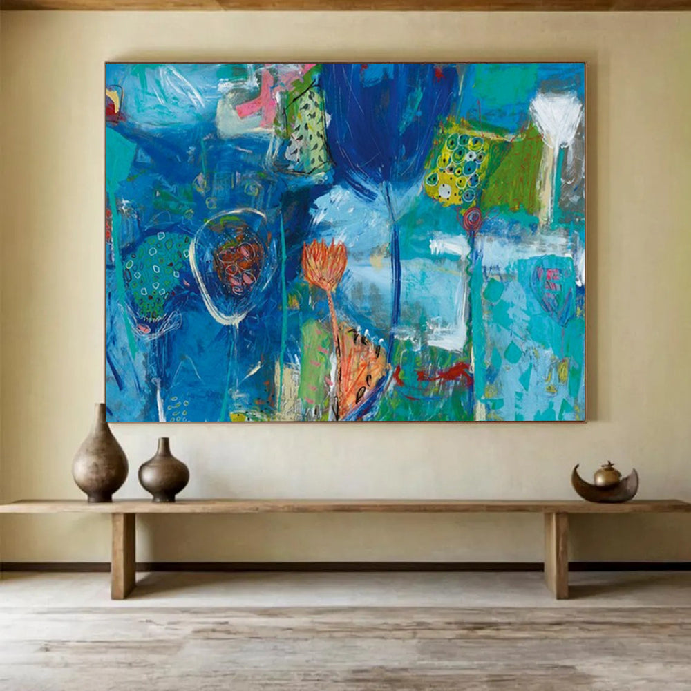 “Blue Abstract Floral Forms” - Cool Tones “Dreamy Garden” Painting On Canvas PT1660