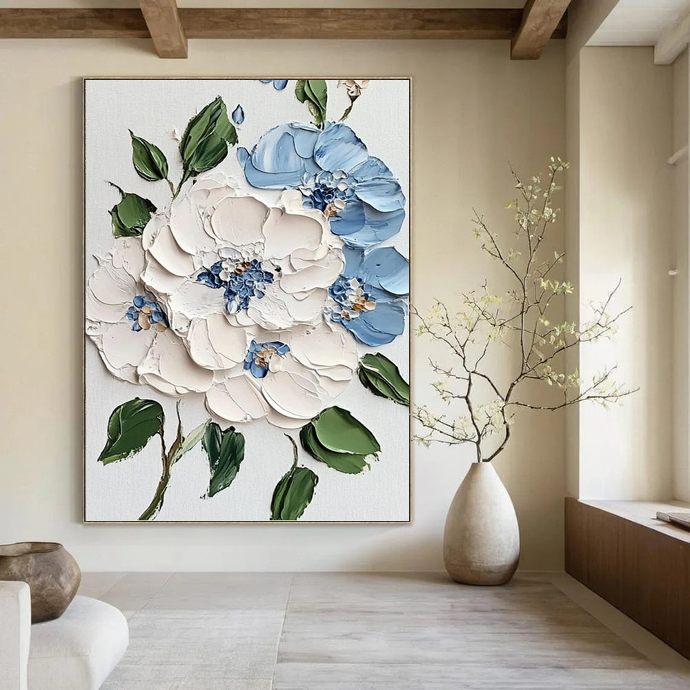 “Blue - White Floral 3D Relief” - Realist - Inspired Floral Painting On Canvas PT1387