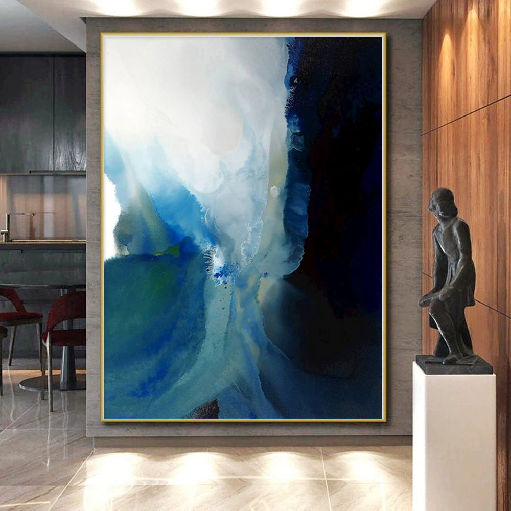 “Blue - Black Abstract Fluidity” - Blue, Black, White Abstract Fluid Painting On Canvas PS0587