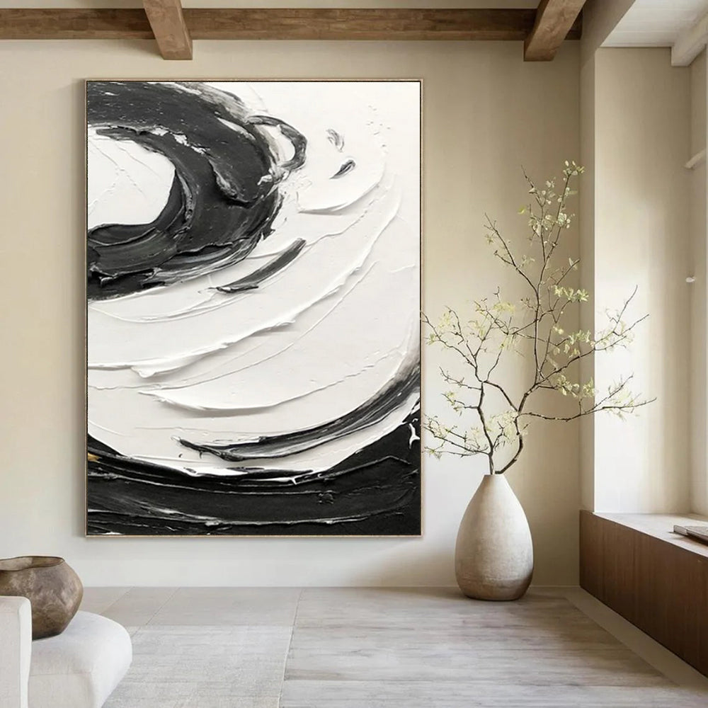 “Black and White Swirl Dynamics” - Energetic Abstract Painting On Canvas DS380