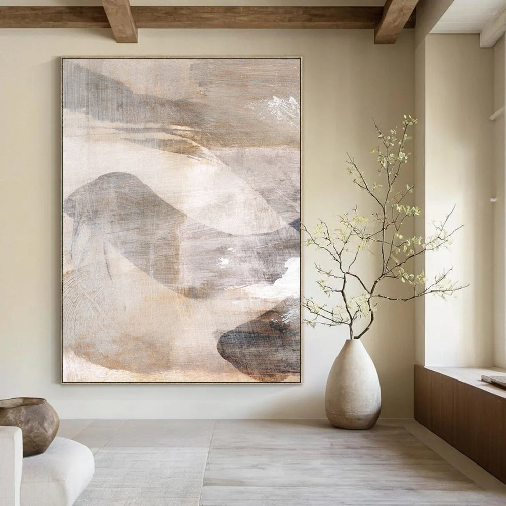 “Textured Mountain Abstraction” - Beige & Gray Layers with Subtle Shapes Painting On Canvas DS210