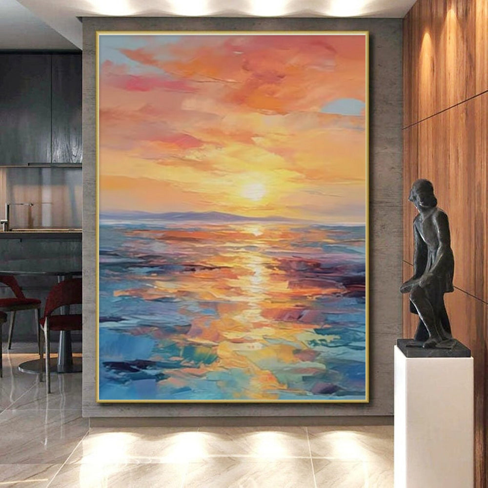 “Sunset Sea Reflection” - Orange, Pink, Blue, Purple Abstract Seascape Painting On Canvas PS0687