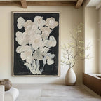 “White Blooms” - Minimalist Floral Textures on Black Painting On Canvas DS140