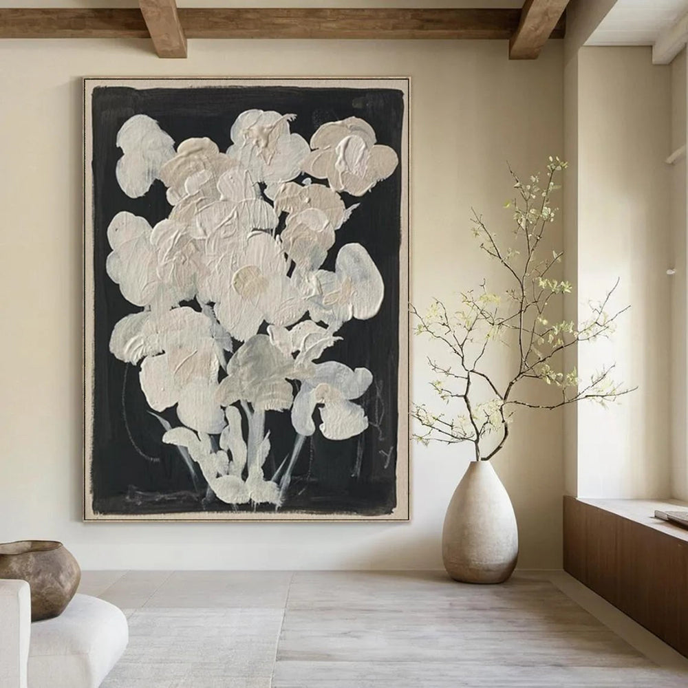 “White Blooms” - Minimalist Floral Textures on Black Painting On Canvas DS140