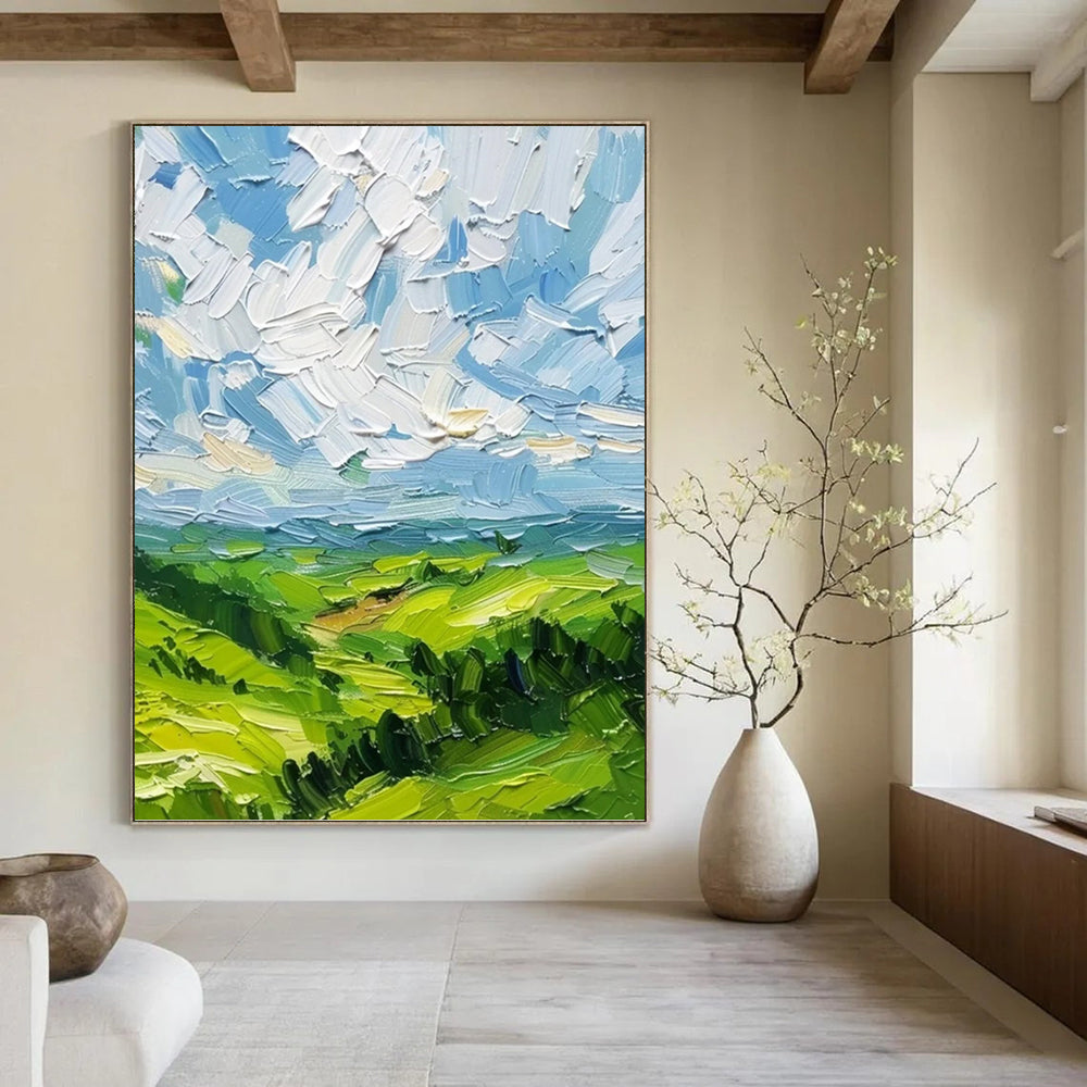 “Textured Green Landscape” - Impressionistic, Vivid - Hued Painting On Canvas PT1557