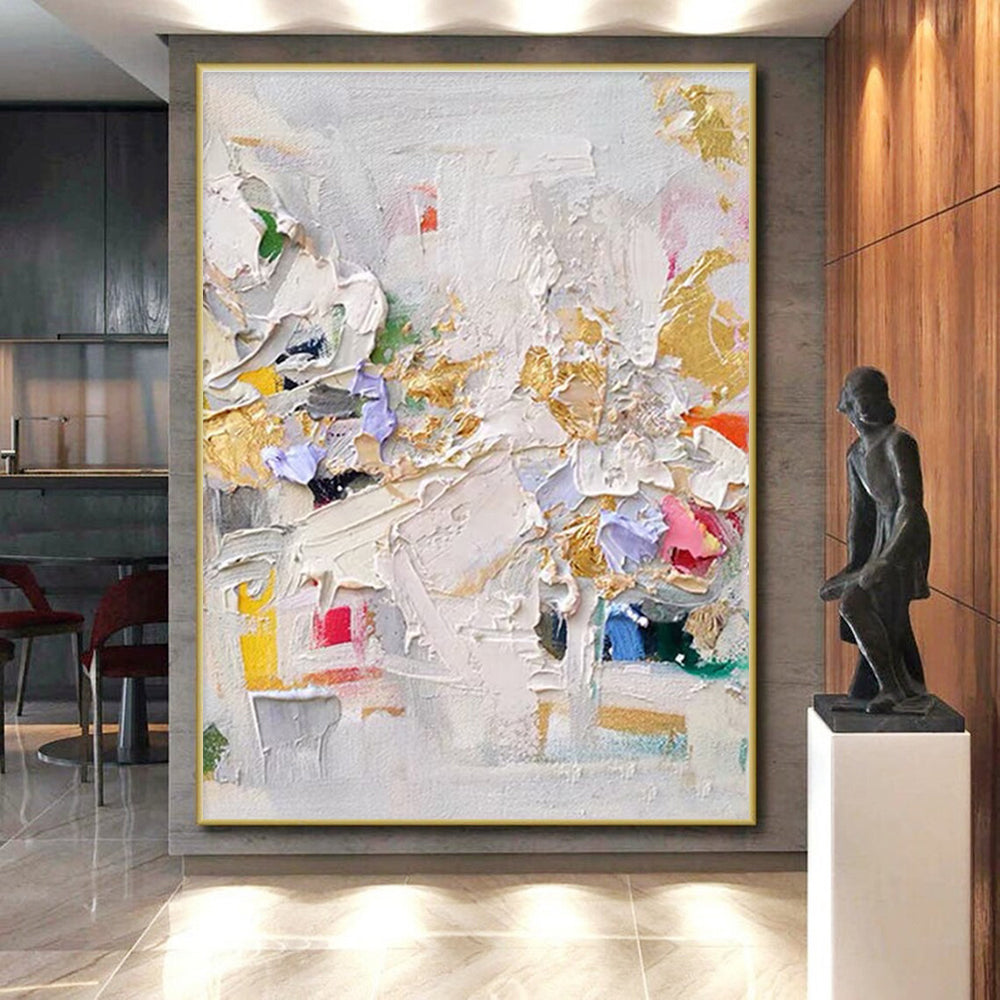 “Colorful Textured Collage” - Multicolor, Gold Abstract Impasto Painting On Canvas PS0723