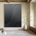 “Black Textured Curves & Lines” - Black, Minimalist Abstract Painting On Canvas PT1482